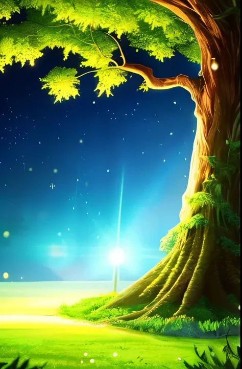 a tree with green leaves and a light shining on it, magical tree, fantasy tree, magic tree, lightening tree, a beautiful tree, large magical trees, glowing forest, fantasy magical vegetation, nature lighting, cosmic tree, magical forest backround, beautifu...