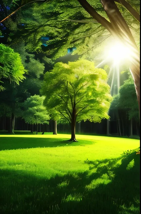 a tree with green leaves and a light shining on it, magical tree, fantasy tree, magic tree, lightening tree, a beautiful tree, large magical trees, glowing forest, fantasy magical vegetation, nature lighting, cosmic tree, magical forest backround, beautifu...