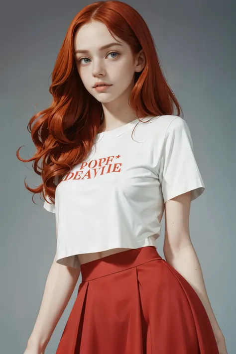  ginger girl, freckled face, face freckles, rosy, contemptuous look, 1 girl, solo, voluminous curly long red hair,pale skin, big bust, stand sexy pose, beautiful, ((skirt)), ((crop tshirt)), cold palette, simple background
