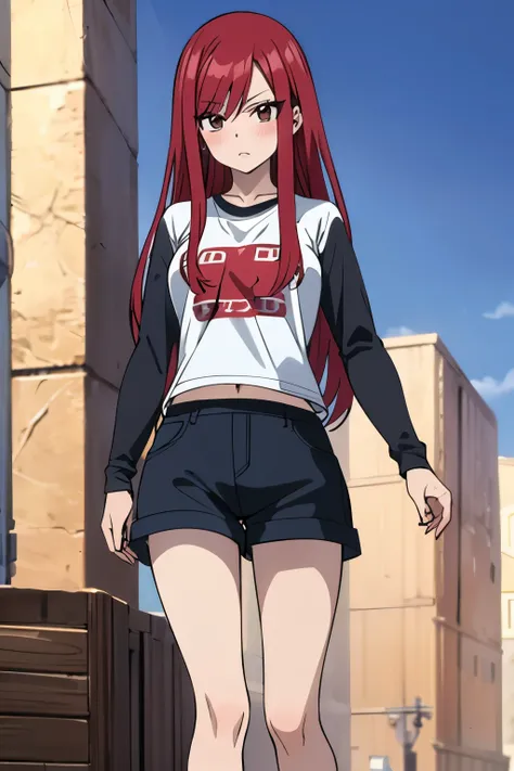 absurdres, highres, ultra detailed, young adult, Erza scarlet ,blush , solo, brown eyes, long-sleeve t-shirt, black shorts, medium chest, wide legs, looking at viewer, straight hairstyle. 