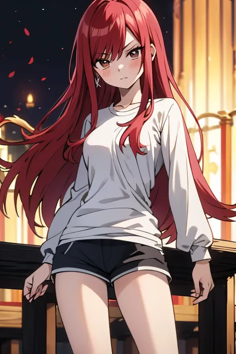 absurdres, highres, ultra detailed, young adult, Erza scarlet ,blush , solo, brown eyes, long-sleeve t-shirt, black shorts, medium chest, wide legs, looking at viewer, straight hairstyle. 