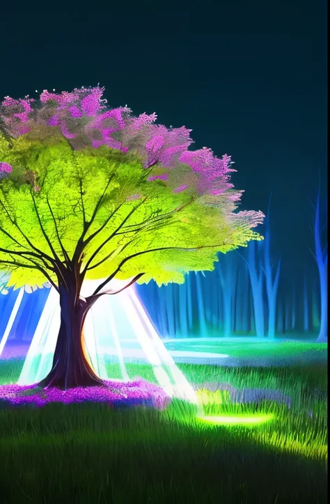 a tree with green leaves and a light shining on it, magical tree, fantasy tree, magic tree, lightening tree, a beautiful tree, large magical trees, glowing forest, fantasy magical vegetation, nature lighting, cosmic tree, magical forest backround, beautifu...