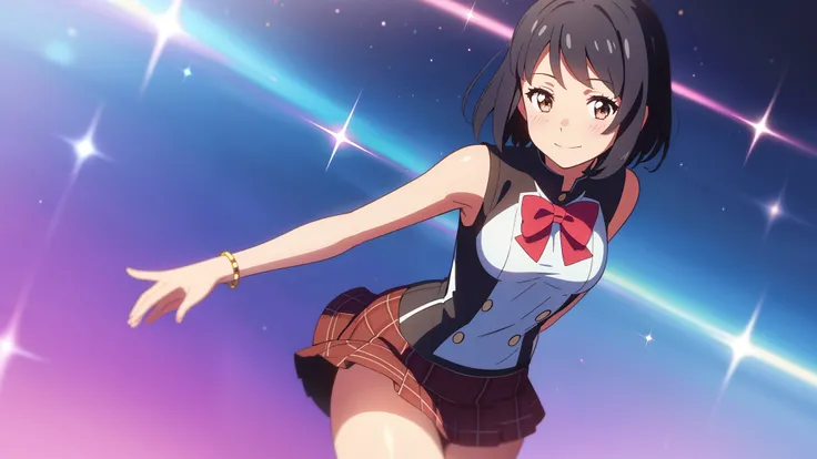 shinkai makoto, kimi no na wa., 1girl, magical girl, bangs, black hair, blush, brown eyes, looking at viewer, short hair, solo, smile, cute, looking at viewer, medium breasts, dynamic angle, solo, thigh, sleeveless, sleeveless turtleneck, plaid skirt, shor...