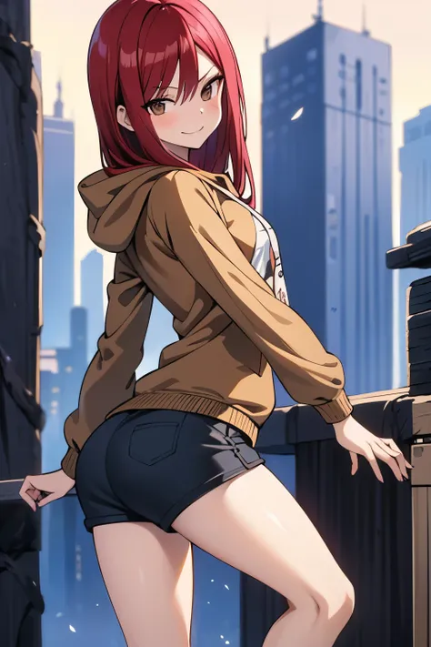 absurdres, highres, ultra detailed, young adult, Erza scarlet ,blush , solo, brown eyes, brown hoodie (hood down), black shorts, medium chest, medium ass, wide legs, looking at viewer, straight hairstyle, flirty smile, posing for photos.