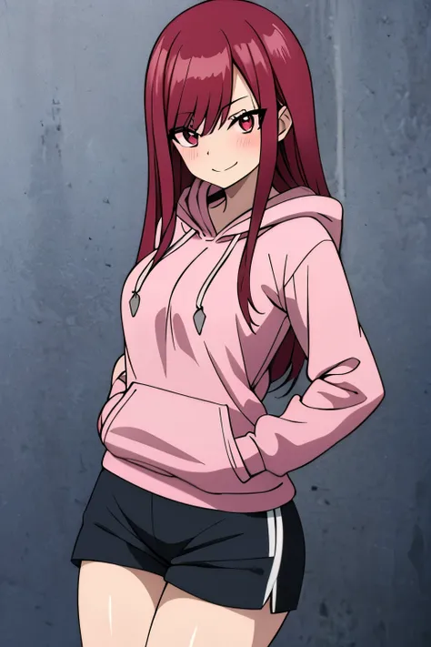 absurdres, highres, ultra detailed, young adult, Erza scarlet ,blush , solo, pink eyes, brown hoodie (hood down), black shorts, medium chest, medium ass, wide legs, looking at viewer, straight hairstyle, flirty smile