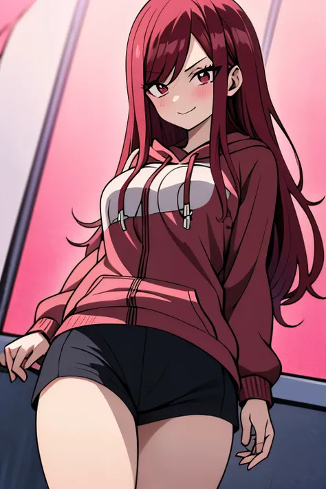 absurdres, highres, ultra detailed, young adult, Erza scarlet ,blush , solo, pink eyes, brown hoodie (hood down), black shorts, medium chest, medium ass, wide legs, looking at viewer, straight hairstyle, flirty smile