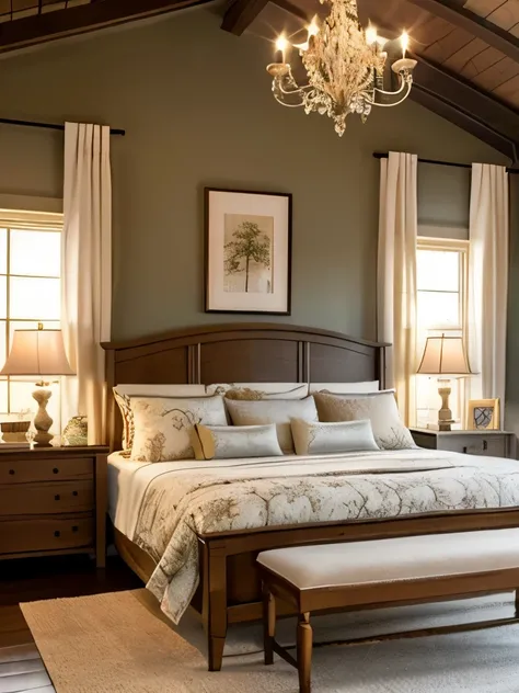 arafed bedroom with a bed, dresser, and a chandelier, cottagecore!!, in a bedroom!!!!!!!!!!!!!!!!!!!!, cottage decor, cottagecore, dreamy and detailed, cottagecore hippie, in a bedroom, dreamy and romantic, cozy bed, serene and peaceful style, romantic the...