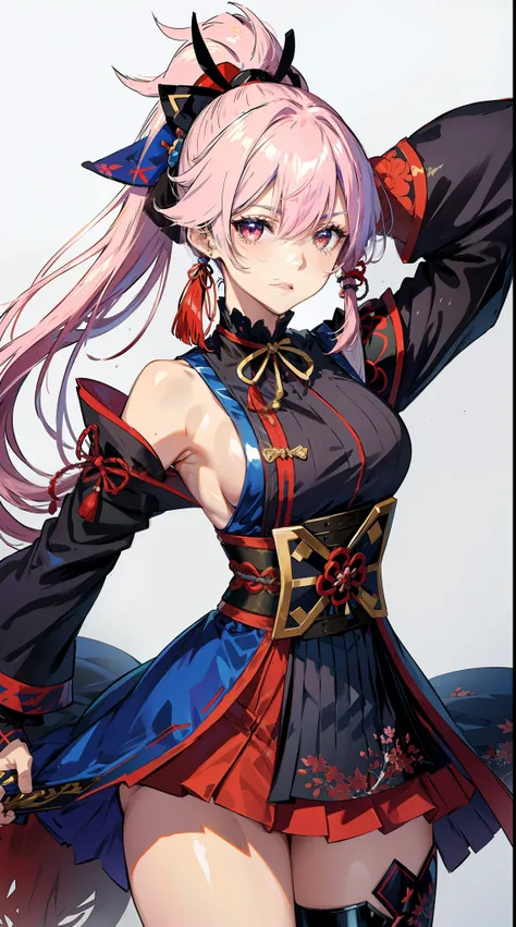 A character from Fate Grand Order、Miyamoto Musashi、She is a female character with long pale pink hair tied in a high ponytail、She features black and red accents。She is wearing a vibrant traditional Japanese outfit of blue and red、She holds a Japanese sword...