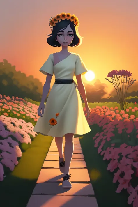  Create a cartoon of a character with a flower head in 2d ,  with minimalist and captivating colors walking around the garden at sunset, walking continuously 