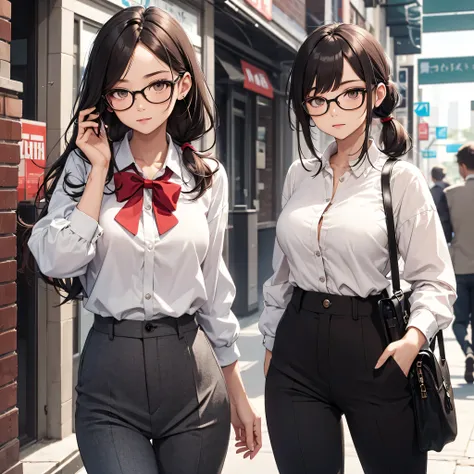 Davidsm, glasses, brown hair, tied pigtail,red blouse, pants,