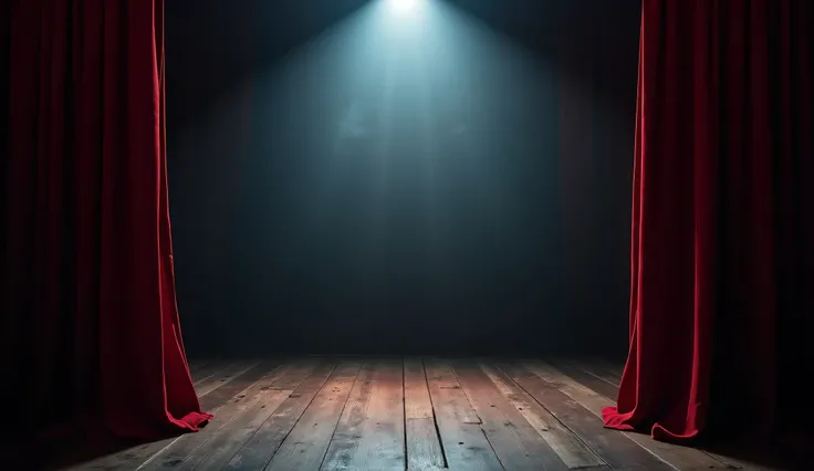 A dimly lit comedy stage with a gothic atmosphere. Dark red velvet curtains frame the stage, slightly open, revealing a subtle smoky background. A single spotlight casts a moody glow on the center of the stage, creating dramatic lighting. The floor is made...