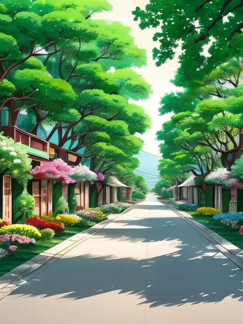 anime scenery of a street with a tree and flowers in the middle, a gouache by Kobayashi Kiyochika, trending on cg society, conceptual art, anime background art, beautiful anime scene, beautiful anime scenery, 🌺 cgsociety, floral environment, anime scenery,...