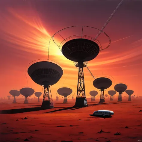 arafed image of a satellite dish in a red sky, large array, radio telescope, zdzislaw beksisnski, depicted as a scifi scene, tim white art. 64 megapixels, alex andreev, wayne douglas barlowe, alien antenna, beksisnski, science fiction concept art, red illu...