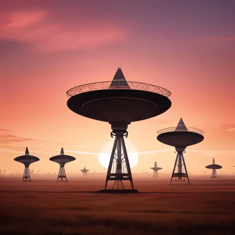 arafed image of a satellite dish in a red sky, concept art by Mike Winkelmann, cg society contest winner, afrofuturism, large array, radio telescope, zdzislaw beksisnski, depicted as a scifi scene, tim white art. 64 megapixels, alex andreev, wayne douglas ...