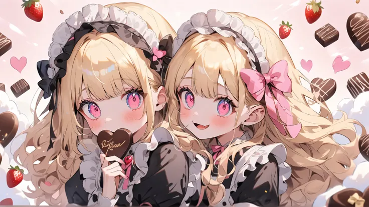  anime style,  beautiful girl,  blonde,  fluffy hair ,  big eyes,  Heart Eyes , Sweet expression,  Lolita fashion, Maid Style, Ruffled clothing,  pink ribbon ,  chocolate, Heart-shaped chocolate , strawberry,  sweets,  fluffy atmosphere ,  cute, Dreamy Bac...