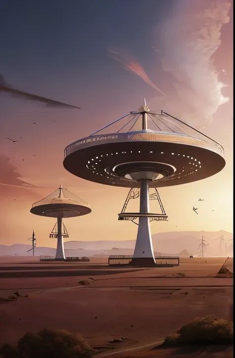 arafed image of a satellite dish in a red sky, concept art by Mike Winkelmann, cg society contest winner, afrofuturism, large array, radio telescope, zdzislaw beksisnski, depicted as a scifi scene, tim white art. 64 megapixels, alex andreev, wayne douglas ...