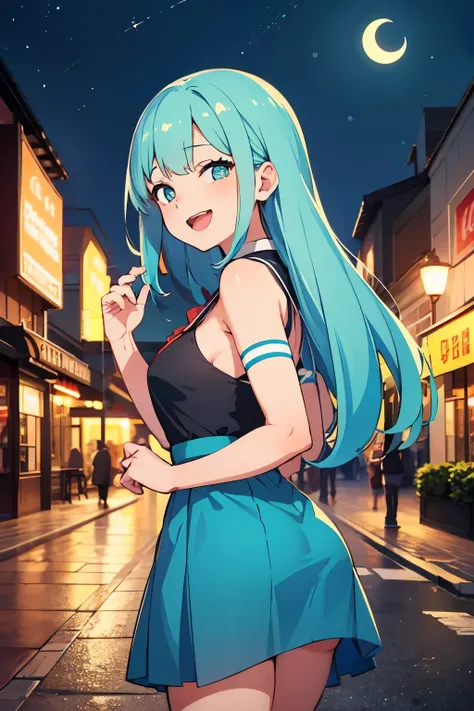   high quality, a girl, aqua hair, gradient hair, delightful, cheerful, laughing, wink, looking back, big eyes, with a meteor, with stardust, with a crescent moon, cute, fantasy, dreamy atmosphere, beautiful, side tail, wide-eyed, vibrant academia, theatre...