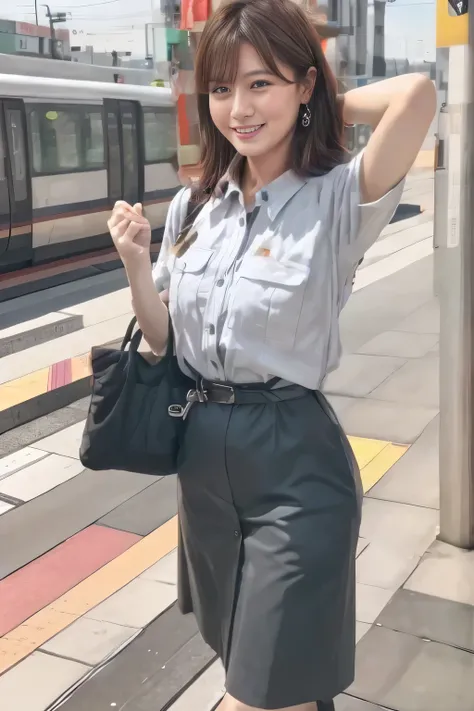 ( Masterpiece:1.2, Top Quality :1.2), 32kHDR, Hi-Res、( Daytime building roof 、 professional lighting)、Building rooftop background、( Tokyo subway woman crew uniform )、( Tokyo subway woman crew uniform blouse short sleeve 、 above knee culotte skirt、 ...