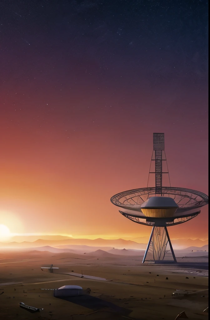 arafed image of a satellite dish in a red sky, concept art by Mike Winkelmann, cg society contest winner, afrofuturism, large array, radio telescope, zdzislaw beksisnski, depicted as a scifi scene, tim white art. 64 megapixels, alex andreev, wayne douglas ...