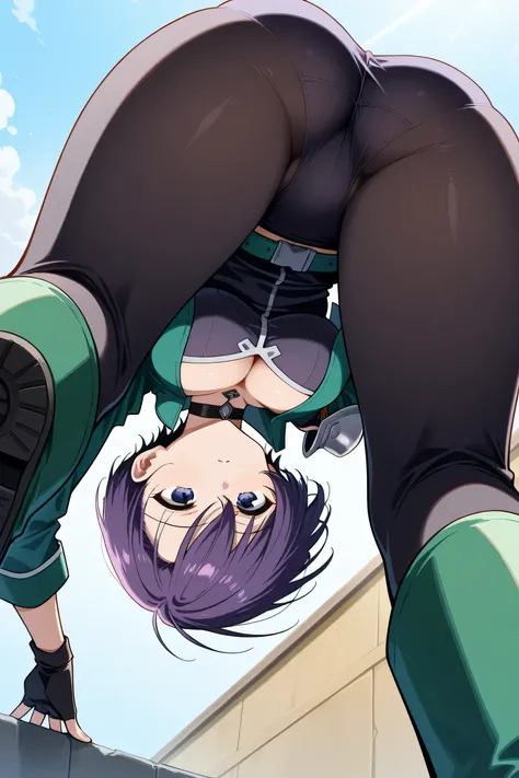 score_9, score_8_up, score_7_up, score_6_up, source_anime, BREAK 1girl,  defShamir, short hair, choker, green jacket, cropped jacket, single shoulder pad, cleavage, green belt, black leggings,(( panty lines)), from below, groin focus, looking down, green b...