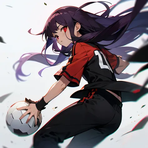 Boy, long dark purple hair, dark red eyes, playing soccer, Inazuma eleven go, goalkeeper, black outfit 