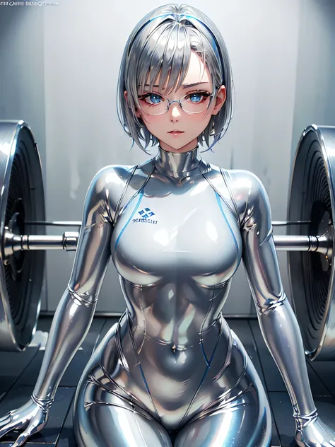 (( top quality)), (( Masterpiece)), ( Details), (8k), (UHD), close-up 、 low angle、 short hair、 blue eyes、 Silver Hair、Glasses、 upper body、Full body silver metallic enamel suitを着た美女、Full body silver metallic enamel suit