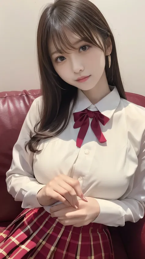  Real 16K high quality images   、  A room with Japanese New Year decorations  、 Cute high school girl、Cute uniform、Model body type that is not muscular、Beautiful white ripe skin  、 apply light makeup 、   Detailed Fingers 、ロングSofa、Sofa ,  place her hands on...