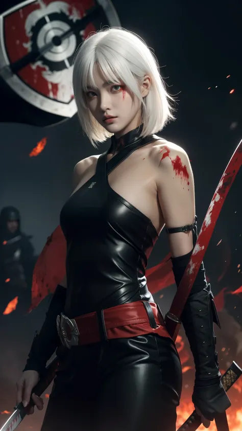 White-haired woman, terrifying appearance, with a katana and a shield, red eyes, on a battlefield covered in blood, wearing Spartan clothes, with a scar on her left eye