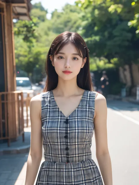 (((8k、 Hi-Res、 top quality、 Hi-Res)))、 alone、 charming figure 、 white skin、 Natural Cosmetics、  black hair、 upper body、 long layer cut , staring at the camera 、Outdoors, ( plaid mini skirt dress), Sleeveless、V-neck , At the circuit