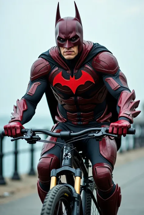 Batman Cyber-Wraith Suit  [Material: Flexible graphene material connected to AI Batcomputer for automatic response][ Color: Deep red with electric gold accents that light up when it detects an enemy.]

[Motif: The carbon fiber pattern resembles digital dat...