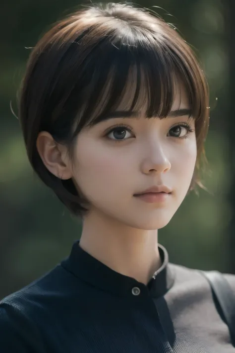 ( top quality ,4K,8k, high res,masterpiece:1.2), very detailed,( realistic,photo realistic,photo- realistic:1.37), women in their 16s, full body, Textured Straight Super Short Bowl Cut Hair, cute round nose, big eyes, cute eyes