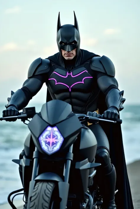 Batman Titan Armor Suit [Material: Matte black nano-carbon with a light-absorbing system to blend with the darkness.] [Color: Carbon black with dark purple accents that glow in stealth mode]

[Motif: A bat symbol with a holographic effect that appears only...