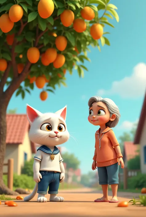 A 3D animated scene where a white  cat with large expressive eyes, dressed in a school uniform(white shirt and blue jeans) is standing under a tree filled with vibrant, ripe mangoes. Next to the cat an old lady is standing and the cat is talking to her.the...