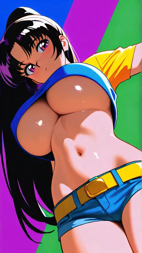 master piece:1.5、(minimal art, line drawing), 1girl,solo，Blue Background，huge breasts, crop top, short shorts, underboob, High Ponytail，Unbelievably long hair，cowboy shot , looking at viewer，Simple style，wide angle, Dynamic Angle，(bangs_pinned_back:1.5),(h...