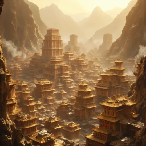 A huge Chinese traditional city. High mountains, bright sun. Beige sky. White buildings with yellow traditional roofs. The buildings are covered with red hieroglyphs. warm lighting.