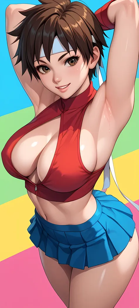 score_9, score_8_above, score_7_above, score_6_above, source_anime, to break, sakura kasugano, short hair, Big breasts , bare shoulders, Alone,  all four ,  seductive smile,  looking at the viewer,  colorful background showing ass, from behind, half naked ...