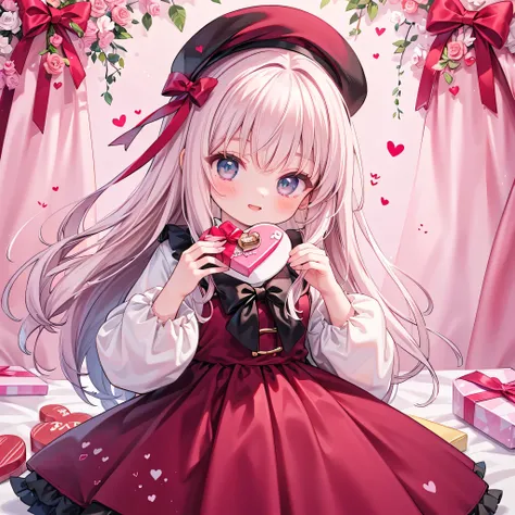 small girl, looking at the viewer with a big smile, pink and brown checkered dress, beret, holding a box of chocolates for Valentine's Day, neon colored hearts in the background, frame resembling a ribbon, picture resembling a gift box