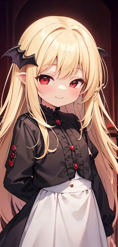  cinematic lighting,  long hair,  blonde,  red eyes,  Babyface, cute petite girl ,  succubus,  hair that flutters like , Baby Face,  archic smile ,  half-closed eyes, Young girl
