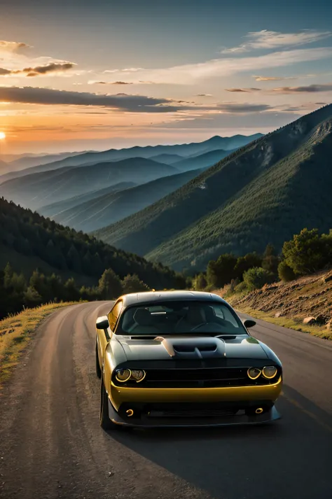 a black dodge challenger hellcate in mountain with background sunset and bird flying 