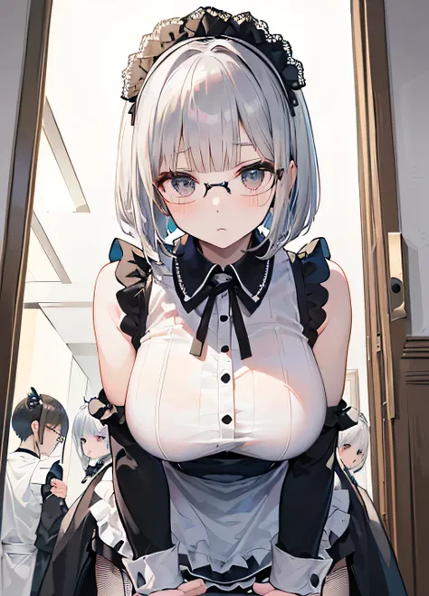 (            Masterpiece        ), (                          Top Quality  ), (                             high image quality             ),            Slender Woman   、、(((    big breasts    、             Maid wearing glasses                             ...