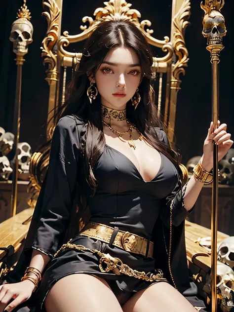 1 girl, solo, details, masterpiece, best quality, photorealistic realism, beautiful girl, long hair, black hair, skull headband, gold earrings, (((red eyes))), beautiful face, skull necklace, perfect body, large breast, open chest, black long dress, skull ...