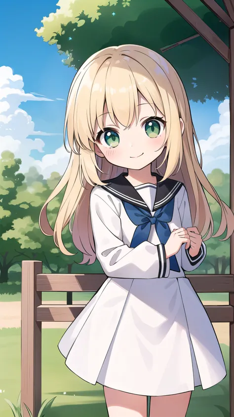 Blonde, , , ((loli:1.3)), elementary school student, green eyes, long hair, elementary school student, white clothes, white miniskirt, kind smile, park, short, , 135cm tall, blue sky, , hair hanging outside