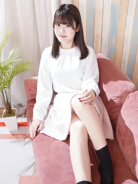 there is a woman sitting on a couch with a plant in the corner, taken with canon 8 0 d, chiho, in white clothes, taken with canon eos 5 d, reluvy5213, taken with canon eos 5 d mark iv, of a youthful japanese girl, in white room, taken with a canon eos 5d