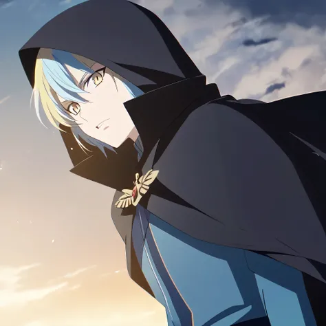 1Male,Yellow Hair,light blue multicolored hair, yellow eyes,Blue Outfits,black cloak, Illustration,Anime Style ,HD