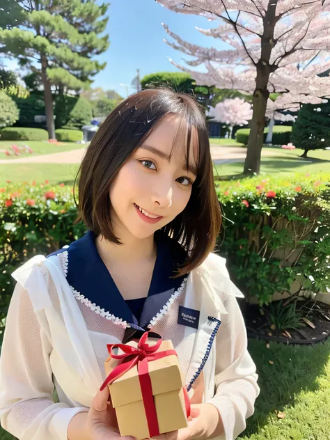 A stunningly beautiful 20-year-old woman stands in a lush green park full of cherry blossoms in full bloom under a clear blue sky. She is wearing a classic sailor uniform and holds a neatly wrapped gift box with a red ribbon in both hands in front of her c...