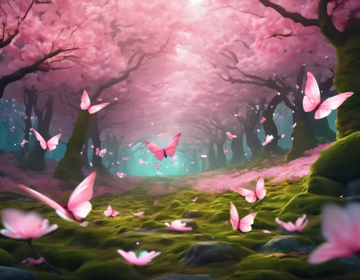 butterflies flying around a moss covered forest with pink flowers, concept art inspired by Nōami, Artstation contest winner, conceptual art, cherry blossom forest, cherry blossom falling, pink forest, sakura petals around her, lush sakura, background artwo...