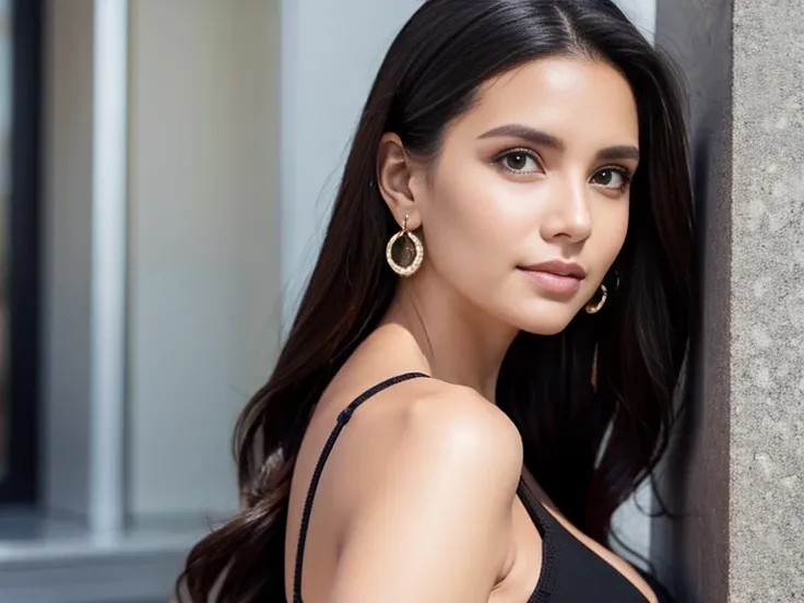 a woman wearing large earrings has her left shoulder up near her neck, 1girl, solo, black hair, breasts, earrings, jewelry, cleavage, looking at viewer, dress