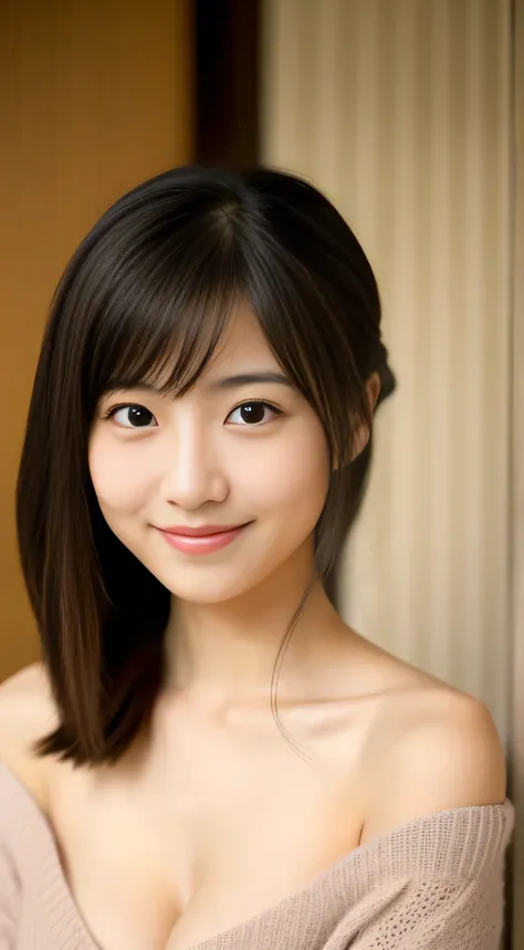 masterpiece,best quality,(Japanese girl),((Beautiful girl)),cleavage,(off shoulder:1.2),(perfect body beauty:1.2),(shy smile)