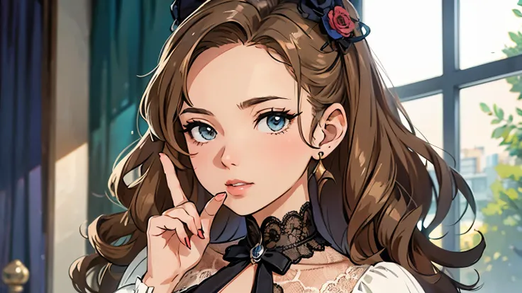 beautiful, woman in dress, victorian era, wavy and flowy hair, finger on the face