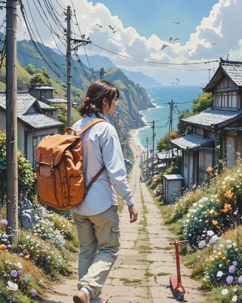 A serene coastal village on a bright, sunny day, filled with vivid details. In the foreground, a young person with messy, shoulder-length brown hair walks slowly beside a sleek red kick scooter on a narrow dirt path. They wear a loose, slightly wrinkled wh...